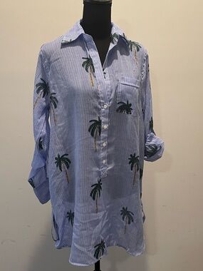 Violet Sky Overshirt Swim Coverup Size S Blue White Stripes Tropical Beachy